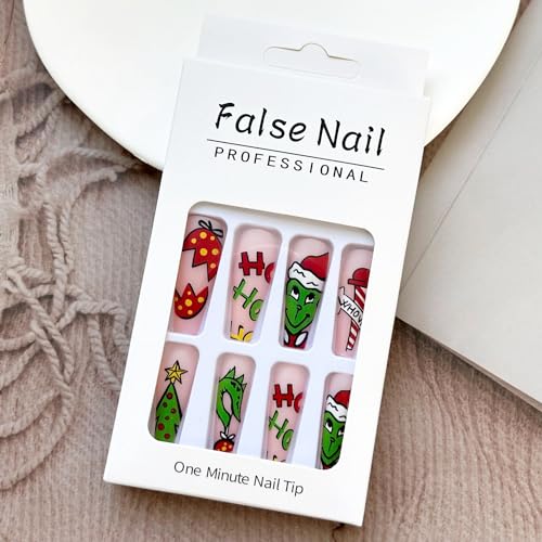 Greenwich Cute Christmas Coffin Nails Full Cover Colorful Red Hat Winter Xmas Artificial Matte Stick on Nails Design 24Pcs
