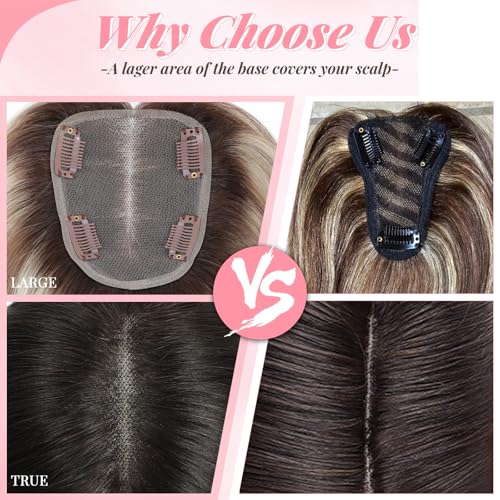 Human Hair Topper 12Inch 4x4.8inch Large Swiss Base with Thinning Hair (Ombre Light Brown with Blond Highlight)