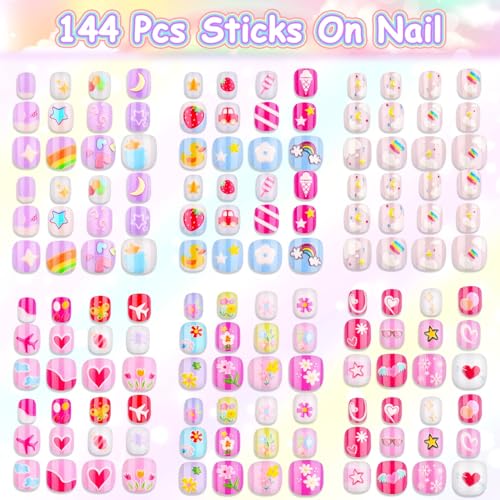 Audab 144 Pieces Mini Nails Set for Kids Press on Girls Nails Kit Fake Nail Tips Short False Nail Full Cover Stick on Nails for Kids 8-12 Sleepovers Stuff Spa Parties Supplies Valentine Day Gifts