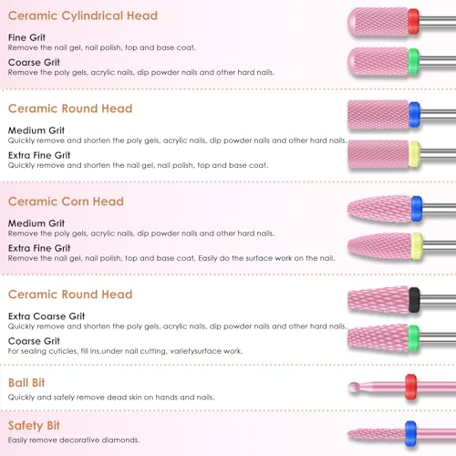 Depvko 10PCS Ceramic Nail Drill Bits, Professional 3/32 inch Electric Manicure Pedicure Drill Bits Nail Tech Set for Acrylic Gel Nails, Efile Cuticle Remover Safety Bit for Nail Drill File, Pink