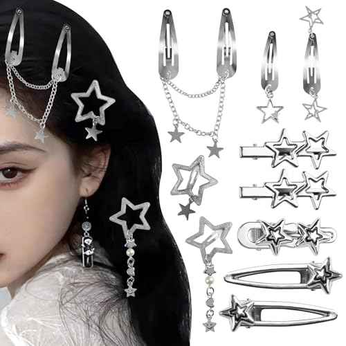 10 Pcs Silver Hair Clips Metal Star Barrettes, 8 Shapes Hairpin Barrettes, Goth Hair Pins Set, Punk 2000s Hair Accessories for Women and Girls Styling Star Hairpin (10 PCS)