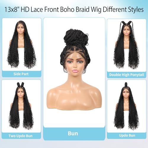 13x8'' HD Lace Front Boho Braided Wig Knotless Braided Wigs for Black Women Box Braid Wig Premium Synthetic Braided Lace Front Wig with Baby Hair Long Black 36 Inch