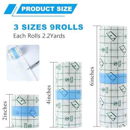 9 Rolls Second Skin Tattoo Cover, Waterproof Tattoo Aftercare Bandage Breathable Tattoo Cover Up Patch Tape Tattoo Flim 2", 4", 6" x 2.2 Yard Tattoo Supplies for Healing Wrap Swimming Shower