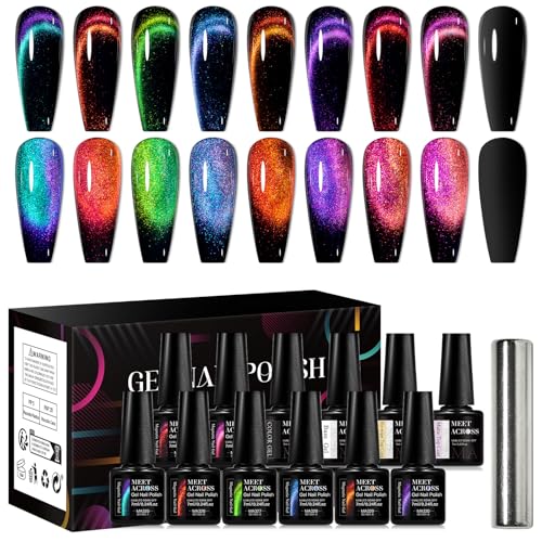 MEET ACROSS 12D Cat Eye Gel Nail Polish Set, Colorful Holographic Cat Eye Glitter Gel Polish Blue Purple Green Nail Gel Polish Kit with Base Top Coat and Magnet Soak Off Nail Art Gel DIY Salon Gift