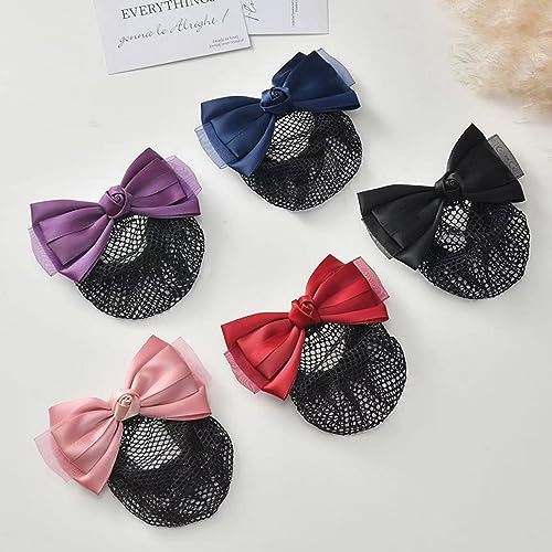 2pcs Hair Snood Net Barrettes with Bowknot Hair Clips with Thin Mesh Bun Cover for Women Ladies (Pink+Black)