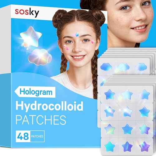 Sosky Hologram Pimple Patches for Face, Hydrocolloid Acne Patches with Salicylic Acid, Cute Star Zit Stickers,Colorful Blemish Covers,48 Count Blue Star Cloud