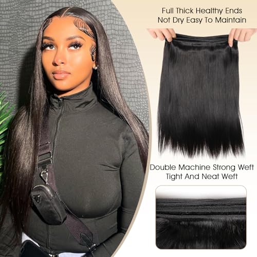 Human Hair Bundles with Closure Straight(14 16 18 +12,Free Part) Closure with 3 Bundles Brazilian Virgin Hair 16A Extensions with Pre Plucked with Baby Hair 4X4 HD Lace Closure Natural Black Color