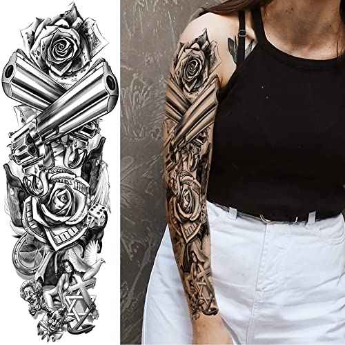 Military Temporary Tattoo Sleeve for Men, 4-Sheet Full Arm Large Patriotic Gun Soldier Fake Tattoo Sleeve Adult Women and 4-Sheet Black Floral Tiger Gun Half Temp Tatoo Sticker Leg Makeup Body Art