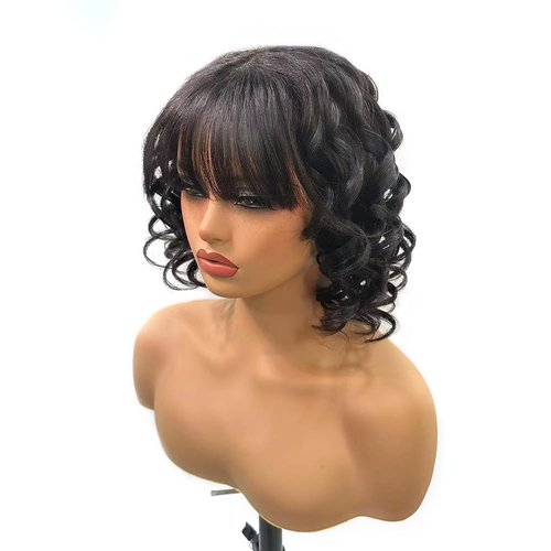 BLISSHAIR Natural Wavy Human Hair Wigs with Bangs Black Loose Wave Wigs for Women None Lace Front Wigs Loose Body Bob Wig Brazilian Virgin Human Hair Glueless Loose Curly Wig for Daily (14 Inch)