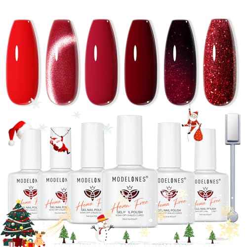 modelones Christmas Red Gel Nail Polish Set 6 Colors Dark Cherry Red Cat Eye Glitter Color Changing Hema-Free Burgundy Gel Polish with Magnet Soak Off U v Nail Art Manicure Home DIY Gifts for Women
