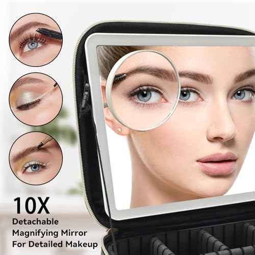 Travel Makeup Bag with LED Mirror and 10x magnifying glass with 3 Lighted Settings, Adjustable Dividers and Makeup Brush Storage Bag Black