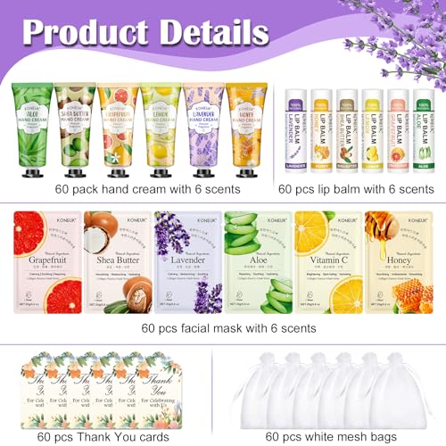 60 Pack Bulk Lip Balm, Facial Mask and Hand Cream Sets, Stocking Stuffers for Women, Christmas Gifts and Bridesmaid Gifts for Guests, Birthday Gifts, Adult Party Favors and Small Gifts for Women