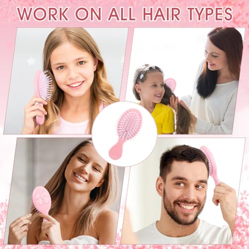 Meanplan 6 Pcs Mini Hair Brush Bulk with Bow Travel Detangling Brush Pink Coquette Small Hairbrush for Dry and Wet Hair Women Gift for Christmas Stocking Stuffers Party Favors(Pink)
