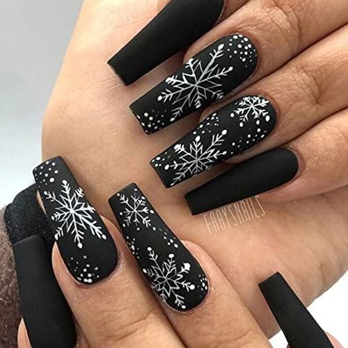 24 Pcs Snowflake Press on Nails Long Black White Christmas Fake Nails Glossy White Snow Glue on Nails Full Cover Coffin Shaped Long Christmas False Nails for Women Manicure Decorations