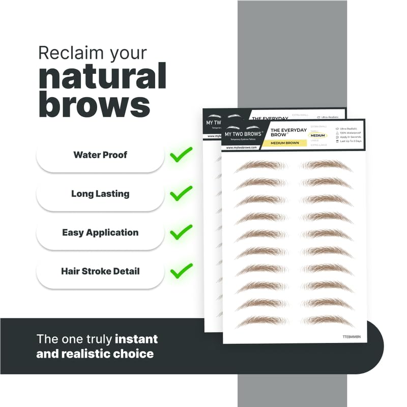 My Two Brows 100 Pairs Medium Brown Temporary Eyebrow Tattoos, Waterproof and Smudge-Proof Medium Everyday Style Realistic Eyebrow Sticker for Men & Women, Easy to Apply, Won't Work on Existing Brows