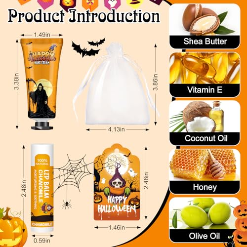 60 Pack Halloween Hand Cream and Lip Balm Set for Women, Bulk Hand Lotion for Halloween Gifts, Halloween Party Favors, Party Supplies, Decorations, Goodie Bags with Halloween Card and Organza Bags