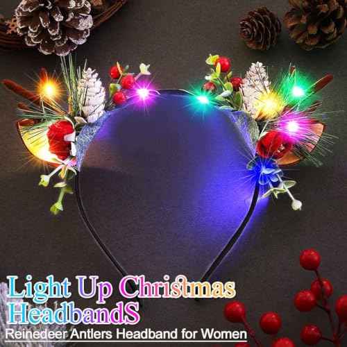 BARTOSI Christmas Light Up Headbands Reindeer Antlers Hairband LED Xmas Antler Hair Hoop Hair Accessories for Women Girls