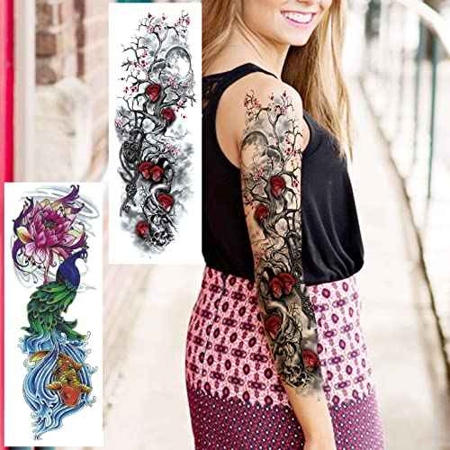11 Sheets NEZAR Large Vine Peony Flower Rose Full Arm Temporary Tattoos For Women Realistic Skull Skeleton Fake Temporary Tattoo Sleeves Stickers Waterproof Leg Makeup Floral Blossom Tatoos Paper Eye