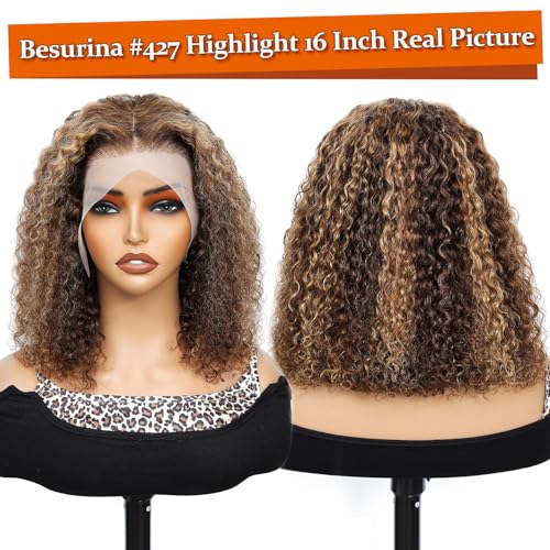 13x4 Honey Blonde Wig Human Hair #4/27 Highlight Ombre Lace Front Wig Human Hair 12 Inch Kinky Curly Bob Colored Wigs for Black Women 180% Density