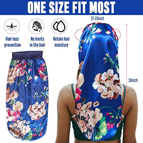 4PCS Long Satin Bonnet Sleep Cap,Black Extra Large Silk Bonnet for Natural Hair, Bonnets for Women Night Sleep,Wide Elastic Band, Very Soft & Comfortable (Black,3 Floral Patterns)