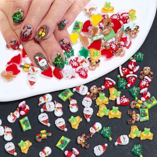 100Pcs Christmas Nail Charms Cute Elk Santa Claus Nail Rhinestones Xmas Tree Bell Gloves Socks Hat Design Winter Nail Art Charms 3D Resin Snowman Nail Gems New Year Nail Jewelry Accessories for Women