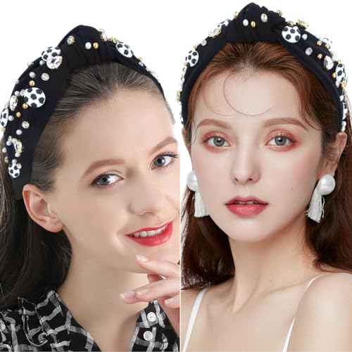 YARIEW Jeweled Knotted Headband - Wide Top Knot Headband for Girls, Sports Fan Mom, Game Day Accessories, Christmas Gifts (Black)