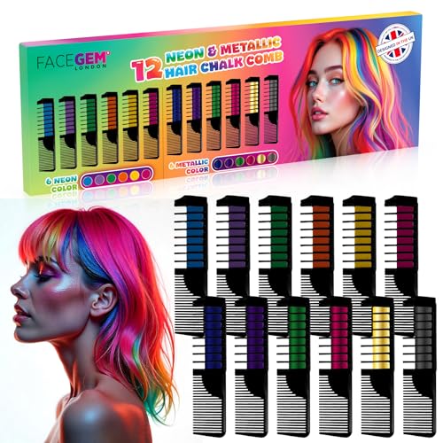 12 Hair chalks comb, 12 NEON & METALLIC hair chalk, Non-Toxic Easy Washable Hair Dye Colourful, METALLIC & NEON hair chalk -Perfect for Festivals, Halloween, Party, hair chalks for girls