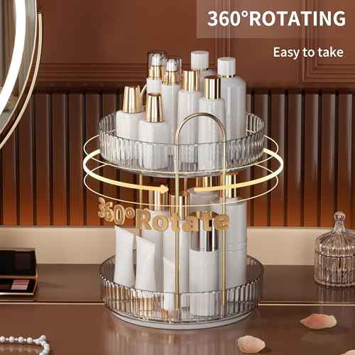 YCIA&DONE 360 Rotating Makeup Organizer and Storage for Vanity Bathroom Countertop, High Capacity Cosmetic Skincare Perfume Organizers for Dresser Lazy Susan (Clear White,2 Tiers)