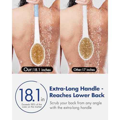 Back Scrubber Body Shower Brush: Anti Slip Long Handle Bath Brush with Stiff and Soft Bristles - Showering Exfoliator Wet or Dry Brushing for Women, Men, Elderly (Blue)