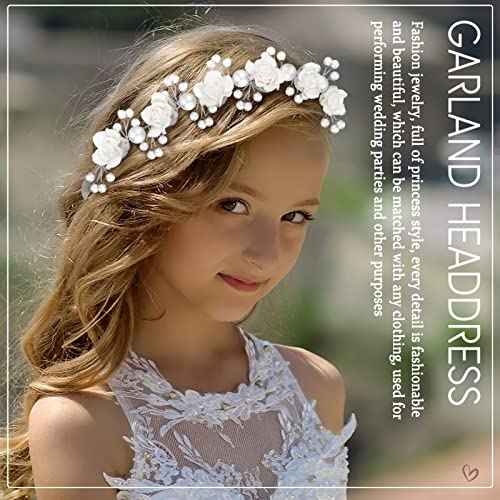 Wedding Hair Accessories for Kids, Princess Headpiece White Flower Headband with Pearls for Communion