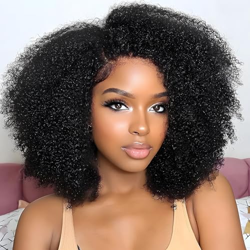 ijoy Kinky Curly Wig Human Hair 13x4 Lace Front Wigs 180 Density, 14 Inch Pre Plucked Afro Curly Human Hair Wig for Women, Natural Black, 4a/4b, Full and Thick(14inch)