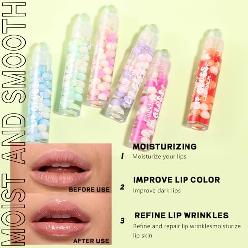 6pcs Macaron Rolling Ball Lip Gloss,Transparent Moisturizing Lip Oil,Lip Gloss for Dry and Chapped Lips,Glossy Lip Make-up for All Age