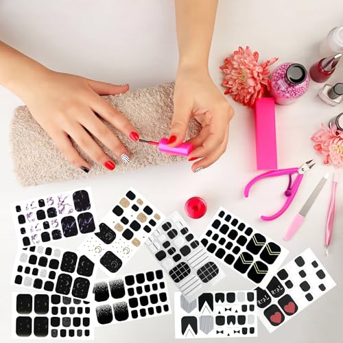 DANNEASY 20 Sheets Toe Nail Stickers Full Nail Wraps - Black, Toenails Polish Strips Self Adhesive Toenail Polish Stickers Gel Strips Manicure Sticker Nails for Women with File, Cuticle Stick