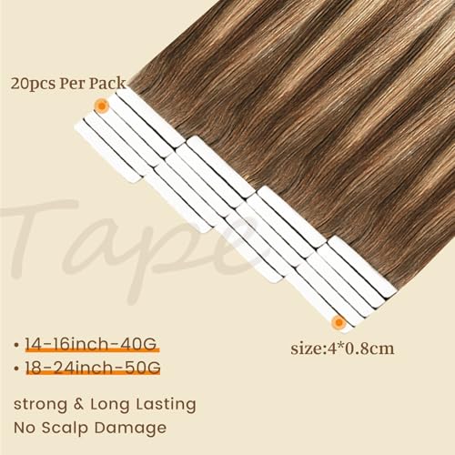 DNE Tape in Hair Extensions Real Human Hair 24 inches 20Pcs/50g/Pack Seamless Dark Brown to Chestnut Brown#T4-P4/27 Straight Invisible Double Sided Tape in Hair Extensions for Women/Girls