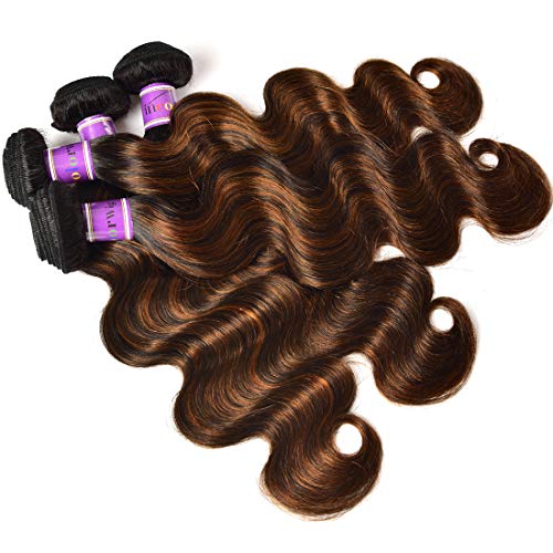 UNice Ombre Brown Highlight Body Wave Human Hair Weave 1 bundle 24 inch, Brazilian Remy Hair Dark Root Blonde Human Hair Weaves Extension Piano Color TFB30