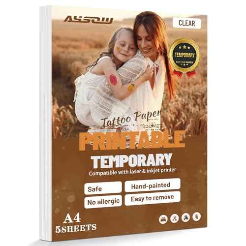 Printable Temporary Tattoo Paper for Inkjet & Laser Printer, 5 Sheets A4 Size 8.3"x11.7" Waterproof DIY Image Transfer Decal Paper for Skin, Clear