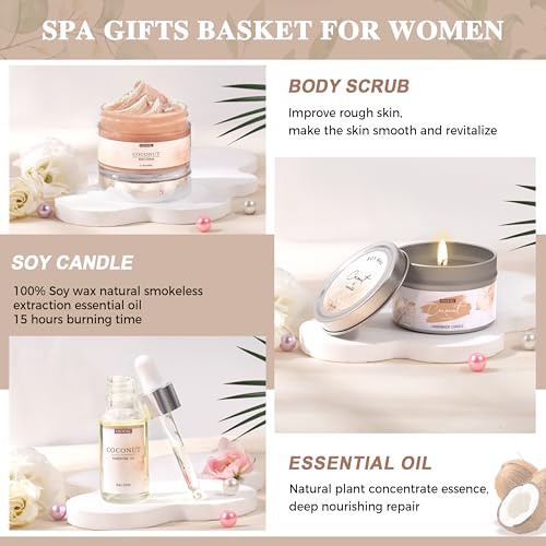 Gifts for Women Bath and Body Gift Basket Set for Women, 12 Piece Set of Coconut Home Spa Set for Self Care, Mothers Day Relaxing Bath Sets Birthday Christmas Gifts for Mom Sister Her Wife