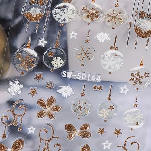 Christmas Nail Art Stickers Decals 5D Embossed Glitter Gold Xmas Nail Decals 3PCS Xmas Tree Lantern Ball Christmas Nails Adhesive Sticker Elk Snowflake Winter Manicure Supply for Nail Art Decorations