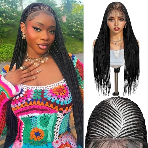 Braided Wigs for Black Women 13x8 HD Lace Front Cornrow Braids Wig Premium Synthetic Hair 30 Inch Full Lace Cornrow Box Braid Wig with Baby HairNatural Black