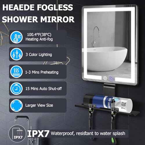 Heated Shower Mirror Fogless for Shaving, Anti Fog Shower Mirror with Light, 5000mAh Rechargeable Large 12.5¡¿8" Fog Free Mirror for Shaving with Razor Holder for Men & Woman, Removable, NO-Drilling
