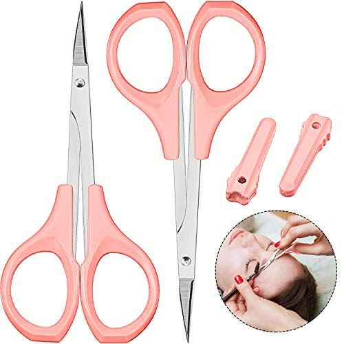 2 Pack Small Scissors 4 Inch Curved Eyebrow Beauty Stainless Steel Trimming Scissors for Eyelash Facial Nose Hair(Pink)