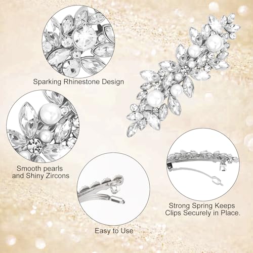 4PCS Rhinestone Hair Clips, Silver Sparkly Pearl Wedding Hair Barrettes, Elegant Metal Alloy Rhinestone Hair Accessories for Women Girls