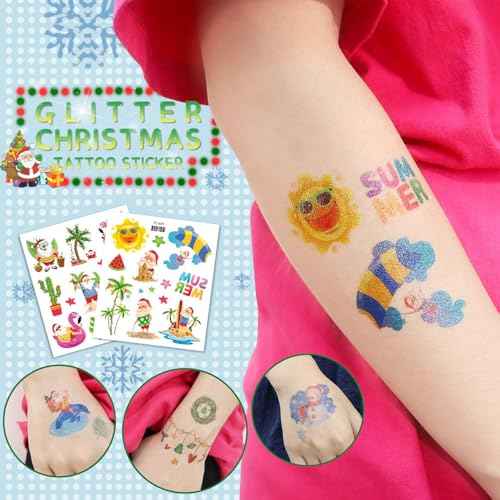360 Styles Glitter Christmas Tattoos for Kids, Waterproof Temporary Tattoos Stickers for Kids Birthday Party Decorations Favors, Christmas Eve Goodie Bag Fillers(24 Sheets)