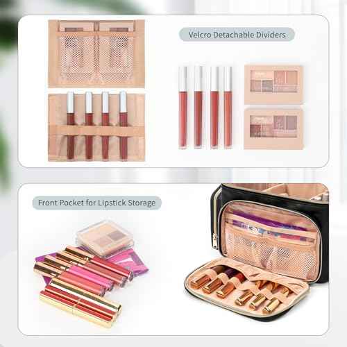 Large Makeup Bag, Portable Travel Makeup Bag Organizer for Women Girls with Makeup Brush Compartment & Two Side Pockets, Cosmetic Travel Bag Vertical Storage Toiletry Bag - Black