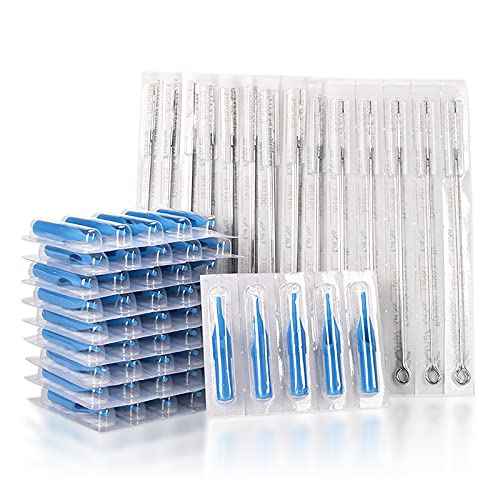 Tattoo Needles and Tips Set, 100pcs Disposable Mixed Assorted Sterilized Tattoo Needles and Tips, 5pcs of each-3rl 5rl 7rl 9rl 3rs 5rs 7rs 9rs 5m1 7m1 3RT 5RT 7RT 9RT 3DT 5DT 7D