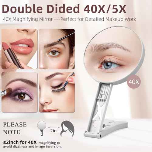 Magnifying Mirror 40X/5X Double Sided Hand Mirror, Precision Makeup at 40X Magnification & Overall View at 5X£¬Travel Handheld Magnified Makeup Mirror with Handle & Table Stand, Vanity Cosmetic Mirror