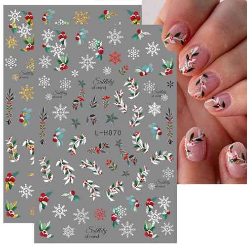 8Pcs Christmas Nail Sticker 3D Xmas Green Leaf Flower Adhesive Decal Supplies Glitter Gold Silver Snow Leaves Design for Women Winter Holiday Manicure Decoration Accessories