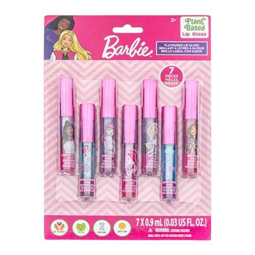 Barbie 7 Piece Plant Based Lip Gloss, Girls Party Favors, First Makeup Set for Girl, Perfect for Parties, Sleepovers, and Birthday Gifts, Ages 3+, by Townley Girl