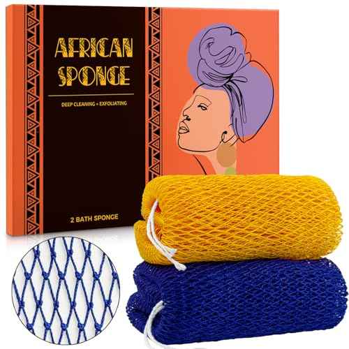 African Net Sponge Authentic - 2 Pieces African Exfoliating Net Bath Sponges for Shower Navy&Yellow - Body Scrubber Exfoliator Loofah Wash Cloth - Afro Back Scrub for Women Bathing Accessories
