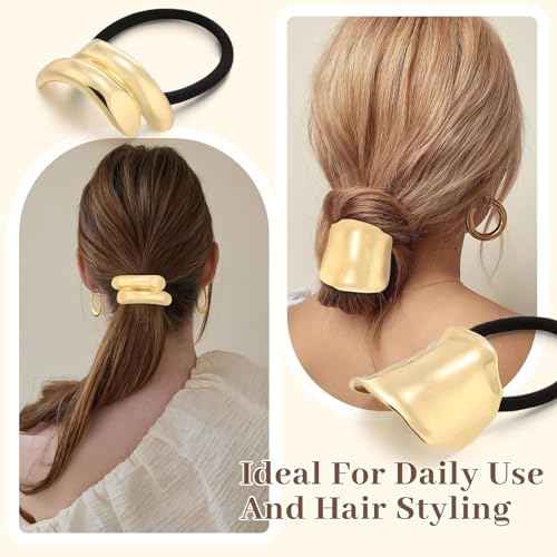 3PCS Gold Hair Ties for Thick Hair - Metal Ponytail Cuff Elastic No Damage Hair Accessories for Women - Geometric Valentine's Day Holiday Gifts